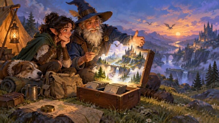 Fantasy travelers sit beside a tent at sunset, looking over an open wooden chest filled with cards as a glowing miniature valley of castles, waterfalls, and flying dragons rises from it.