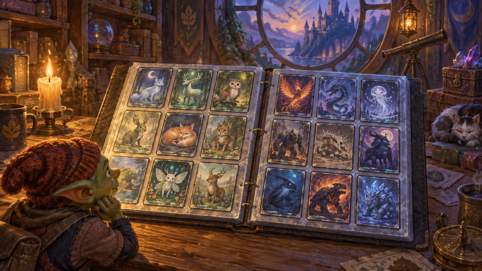 Painterly fantasy scene of a green goblin studying an open binder of illustrated creature cards beside candlelit shelves, a sleeping cat, and a round window overlooking a distant castle at sunset.