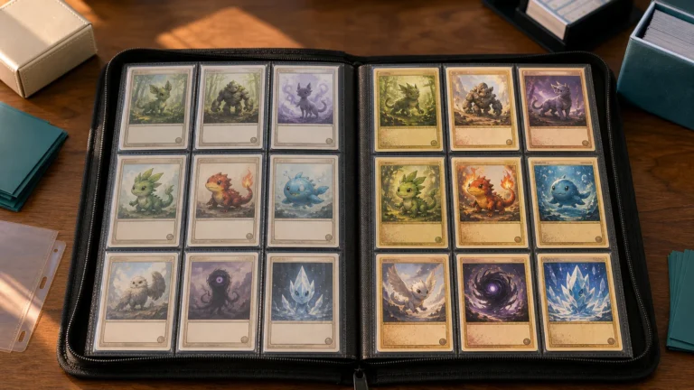 Open black zippered trading-card binder showing two pages of sleeved generic fantasy creature cards, with pale gray-bordered cards on the left and gold-toned cards on the right on a wooden table.