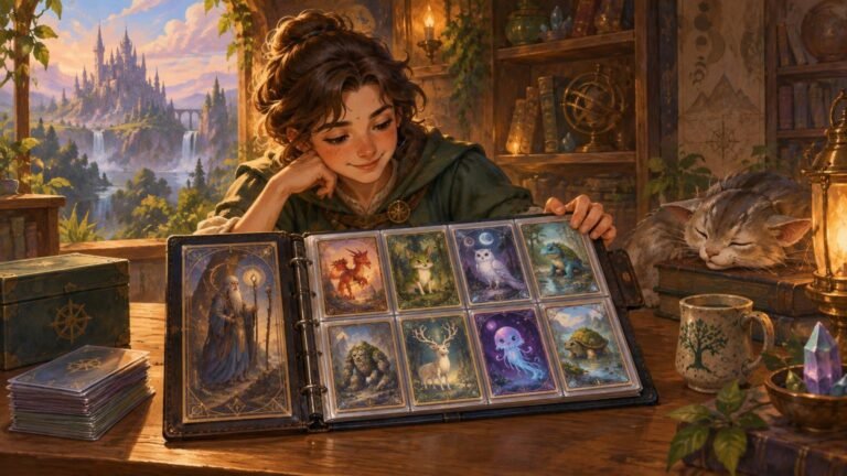 Painterly fantasy scene of a smiling young collector browsing a binder of illustrated creature cards beside a sleeping cat, with a castle valley visible through a window.