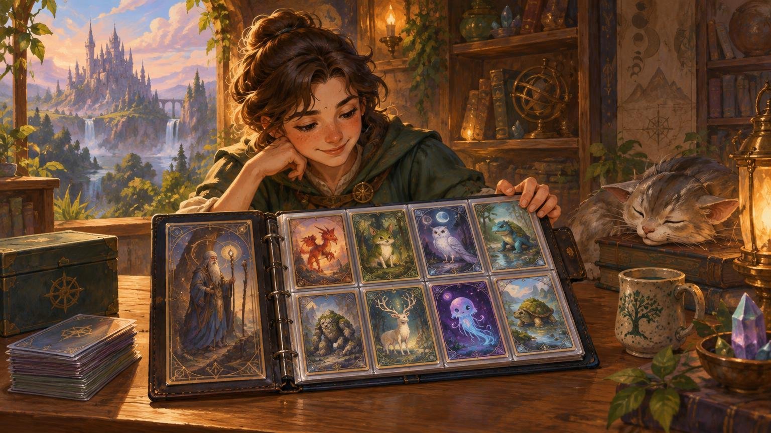Painterly fantasy scene of a smiling young collector browsing a binder of illustrated creature cards beside a sleeping cat, with a castle valley visible through a window.