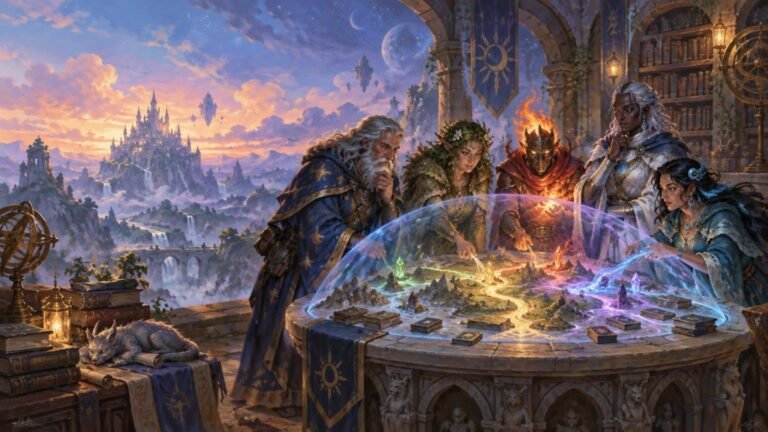 Painterly fantasy scene of five spellcasters gathered around a glowing round table covered with small card-like tiles, overlooking a floating-castle valley at sunset inside an ornate library.