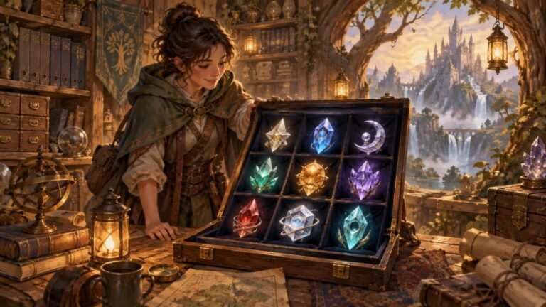 Painterly fantasy scene of a smiling adventurer opening a wooden display case holding nine glowing crystal treasures, with books, lanterns, maps, and a distant castle beyond an arched window.