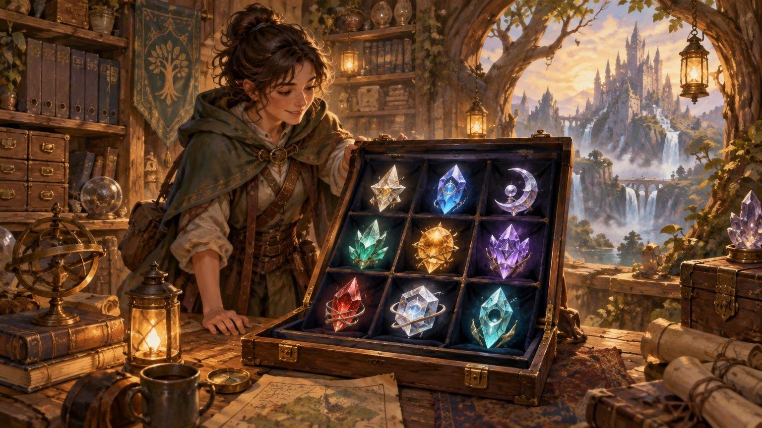 Painterly fantasy scene of a smiling adventurer opening a wooden display case holding nine glowing crystal treasures, with books, lanterns, maps, and a distant castle beyond an arched window.