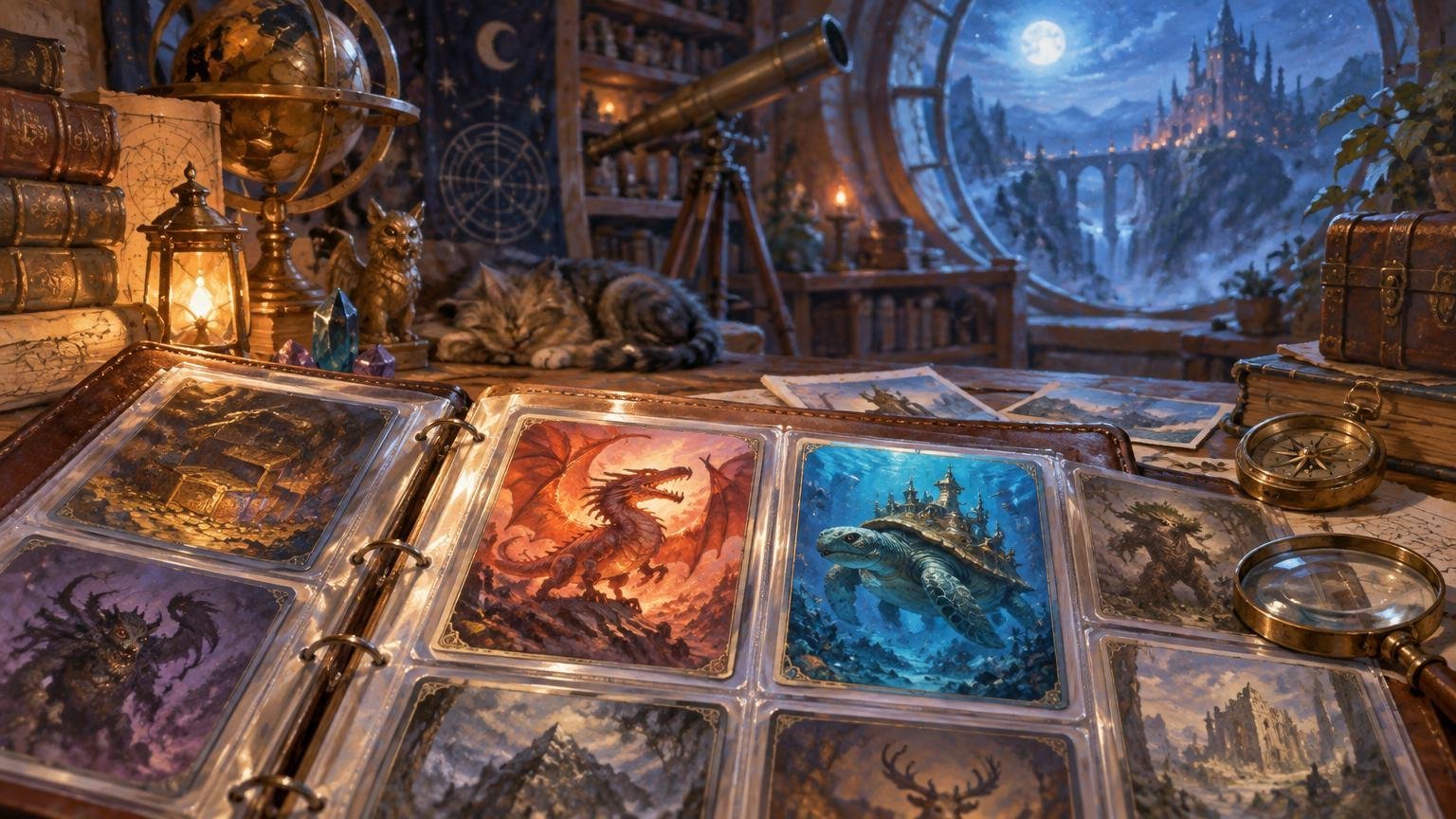An open binder of illustrated fantasy cards sits on a desk in a moonlit study, with a red dragon card and a blue sea-turtle card prominent among maps, a lantern, telescope, books, crystals, and a sleeping cat.