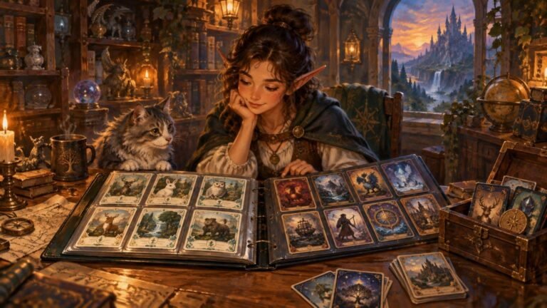 Warm fantasy illustration of an elf-like collector and a fluffy cat studying two open binders of illustrated cards beside candles, books, and a treasure chest, with a distant castle visible through an arched window.