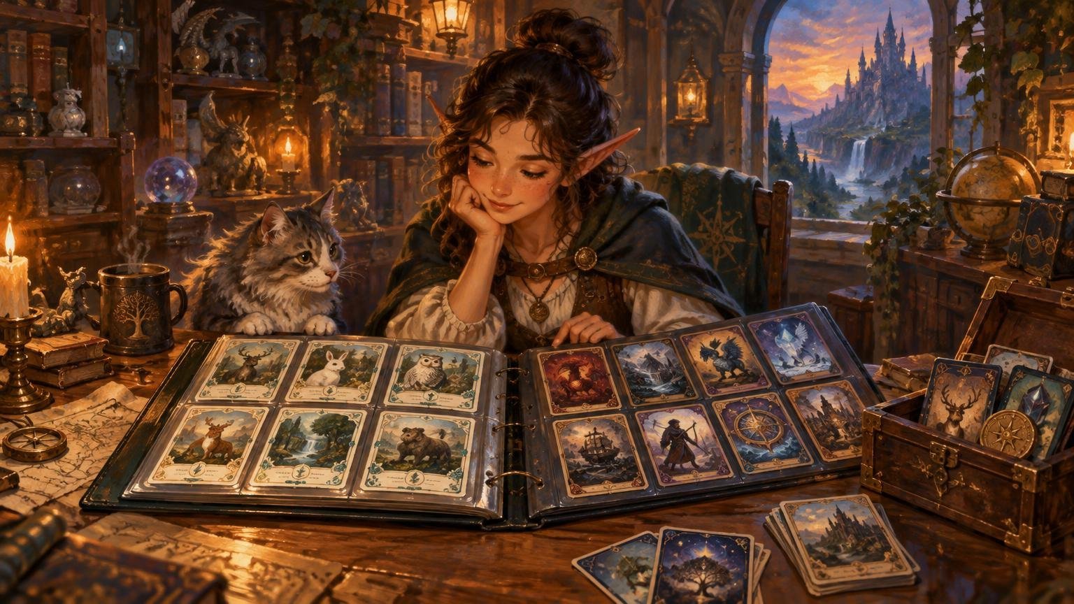Warm fantasy illustration of an elf-like collector and a fluffy cat studying two open binders of illustrated cards beside candles, books, and a treasure chest, with a distant castle visible through an arched window.