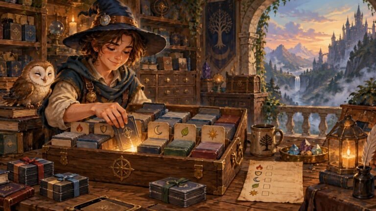 Warm painterly fantasy scene of a young wizard sorting stacks of illustrated cards in a compartmented wooden chest, with labeled dividers, bundled card stacks, an owl, candles, and a distant castle valley beyond an arched window.