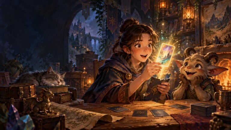 Warm fantasy illustration of a smiling young woman at a wooden table holding up a glowing illustrated card as a horned goblin-like companion watches excitedly; stacks of cards, maps, books, crystals, a sleeping cat, and a fire fill a cozy castle room.