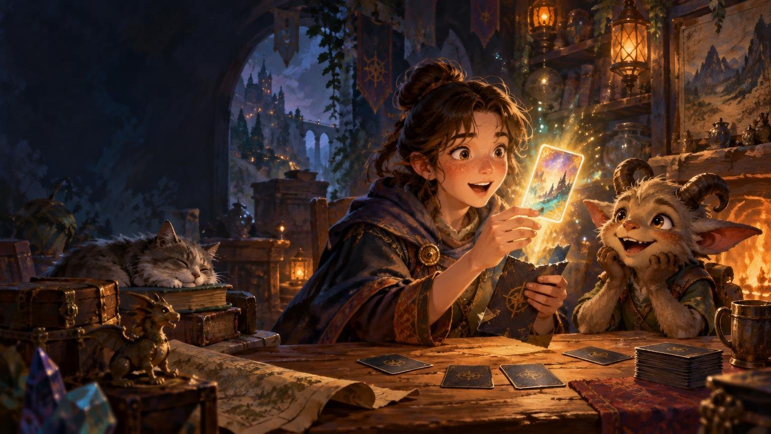 Warm fantasy illustration of a smiling young woman at a wooden table holding up a glowing illustrated card as a horned goblin-like companion watches excitedly; stacks of cards, maps, books, crystals, a sleeping cat, and a fire fill a cozy castle room.