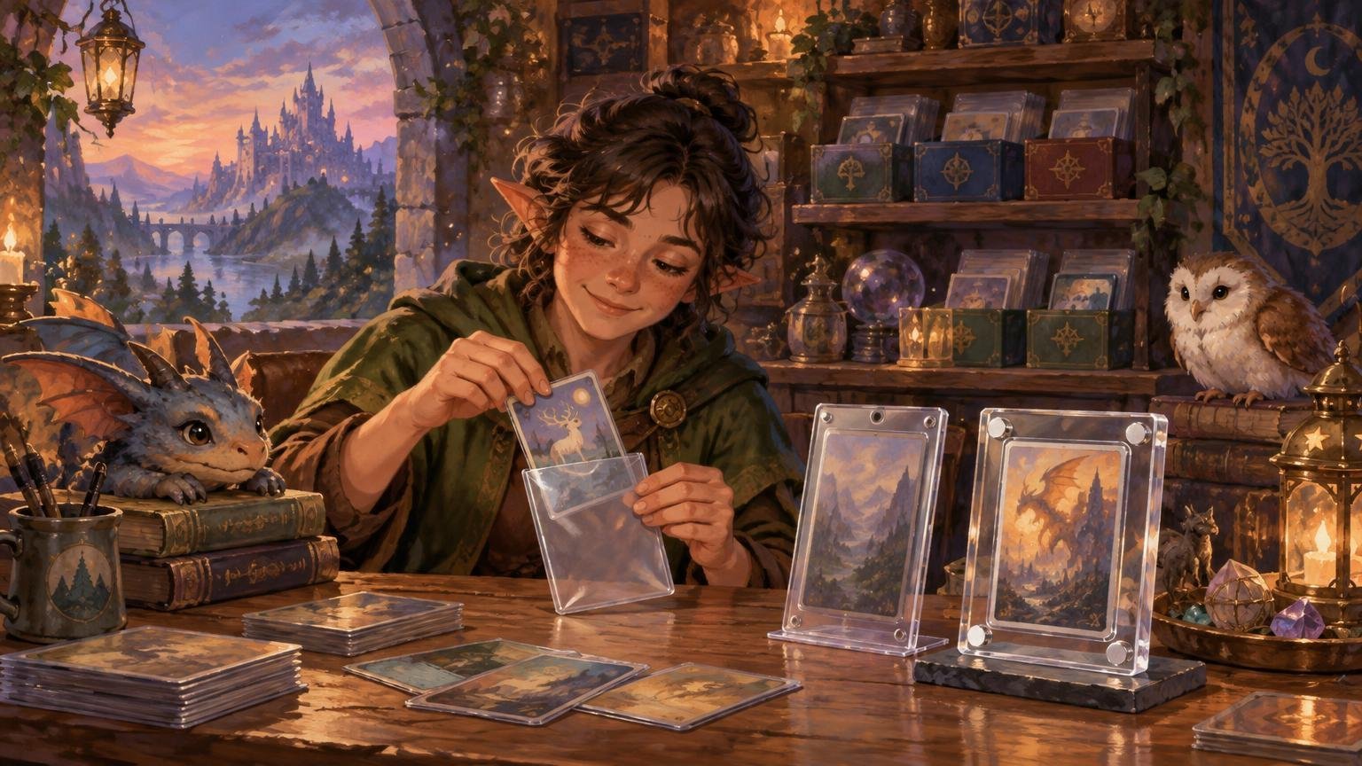 Warm painterly fantasy scene of an elf-like collector sliding an illustrated card into a clear sleeve at a wooden table, with stacks of cards, two rigid display cases, a small dragon, an owl, and a castle landscape beyond the window.