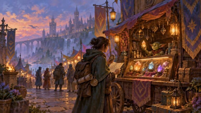 Painterly fantasy market at sunset, where a cloaked traveler studies a map and compass while a smiling goblin merchant presents glowing crystals; a castle and waterfalls rise in the distance.