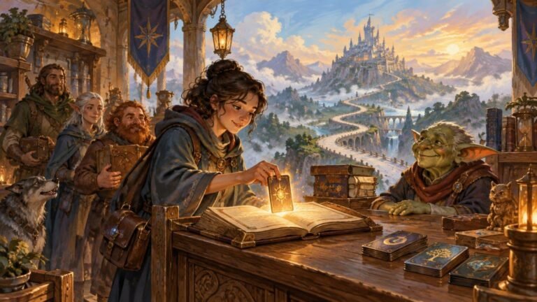 Warm fantasy scene of travelers and a green goblin gathered around a wooden table with glowing cards, books, and stacks of card-like collectibles, overlooking a distant mountain castle at sunset.
